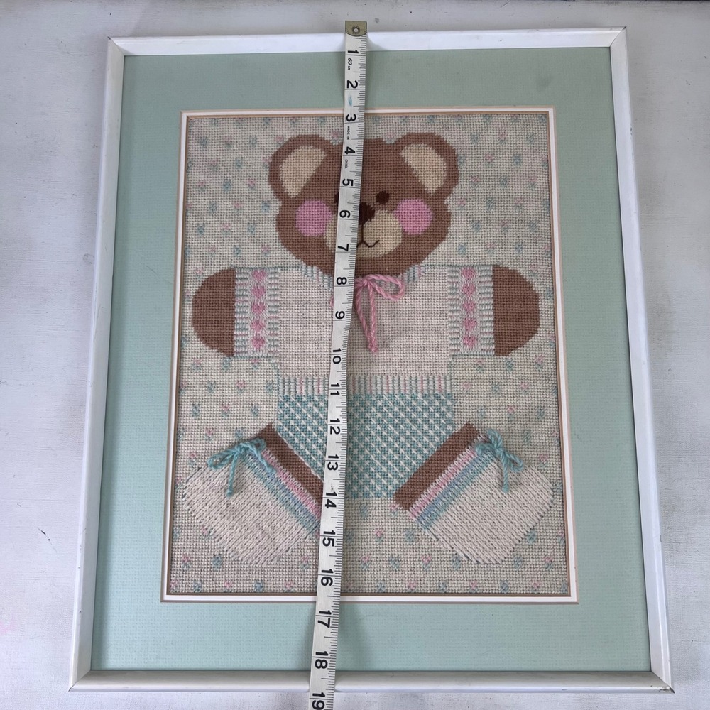 Framed Teddy Bear Needlepoint Art Pastel Nursery Decor‎ Baby Room Embroidery - Picture 7 of 8